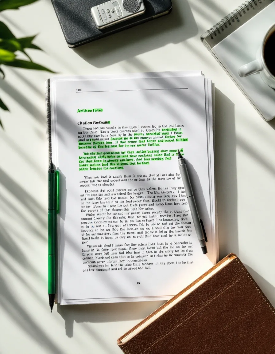 A printed article draft with footnotes underlined in green pen beside a voice recorder and a closed ledger